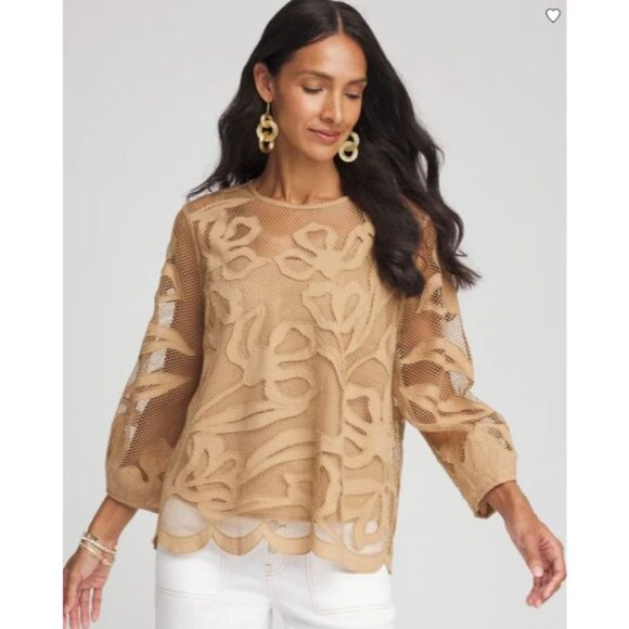 Chico’s Floral-Motif Mesh Size 3.5 / US XL 18 Cafe Aroma Tan 3/4 Sleeve Top NWT - Picture 1 of 14